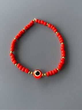 Handmade Red Beaded Evil Eye Stretch Bracelet - Women Jewelry